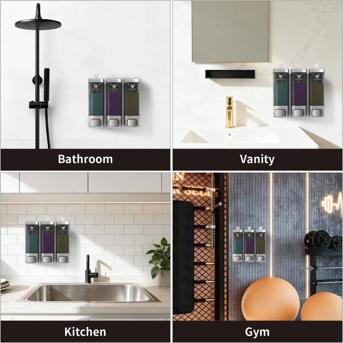 3 Chamber Wall Mount Shower Soap Dispenser, No-Drill Shampoo & Conditioner Dispenser with Lockable Lid