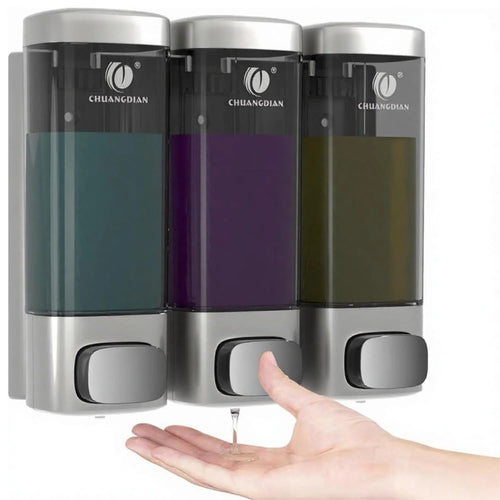 3 Chamber Wall Mount Shower Soap Dispenser, No-Drill Shampoo & Conditioner Dispenser with Lockable Lid