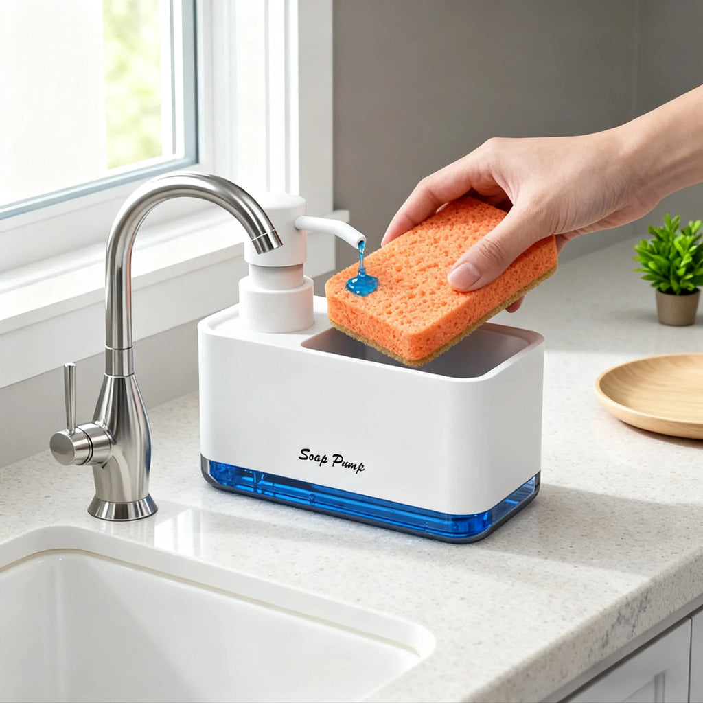Kitchen Dish Soap Dispenser with Sponge Holder, Kitchen Liquid Soap Dispenser with Sponge Storage