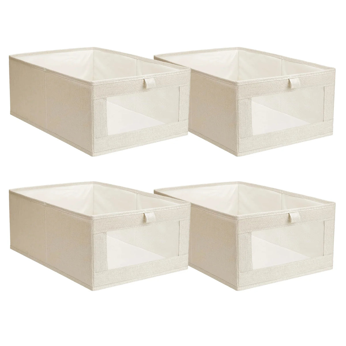 4Pcs Foldable Linen Clothing Storage Bin with Visible Clear Window Convenient Handle Multipurpose Collapsible Storage Basket Closet Fabric Container for Shelves Bedroom