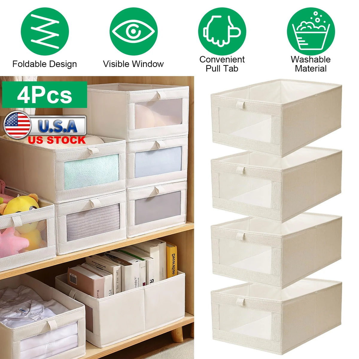 4Pcs Foldable Linen Clothing Storage Bin with Visible Clear Window Convenient Handle Multipurpose Collapsible Storage Basket Closet Fabric Container for Shelves Bedroom