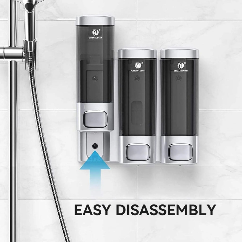 3 Chamber Wall Mount Shower Soap Dispenser, No-Drill Shampoo & Conditioner Dispenser with Lockable Lid