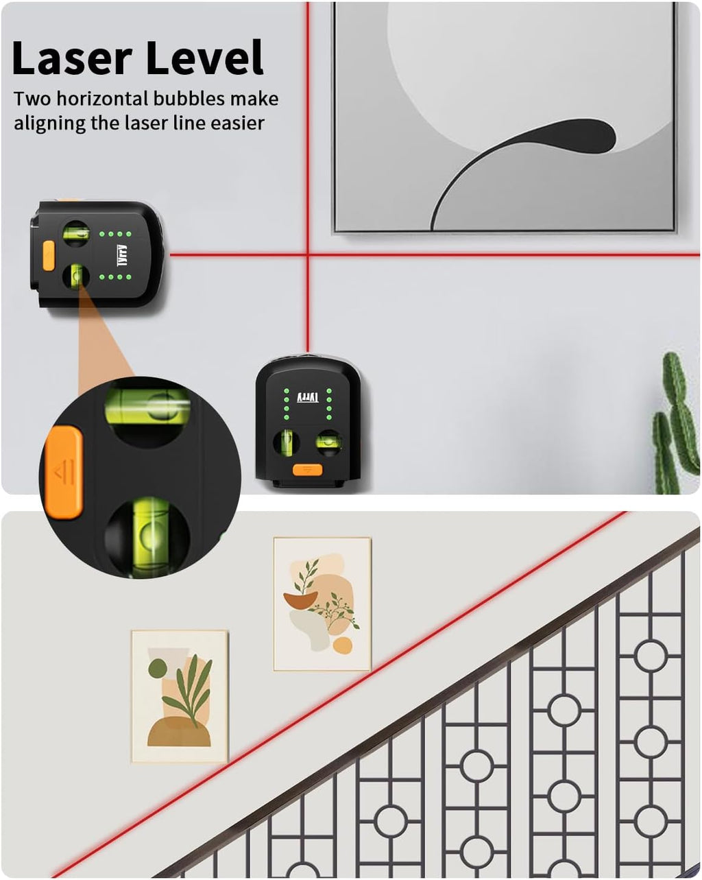 4-In-1 Laser Level for Picture Hanging, Rechargeable Laser Level with Vacuum Suction Mount and Drill Dust Collector, Wall Alignment Tool for Shelves, Frames, Home Improvement, DIY Projects