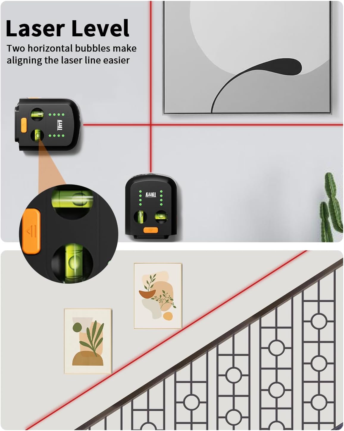 4-In-1 Laser Level for Picture Hanging, Rechargeable Laser Level with Vacuum Suction Mount and Drill Dust Collector, Wall Alignment Tool for Shelves, Frames, Home Improvement, DIY Projects