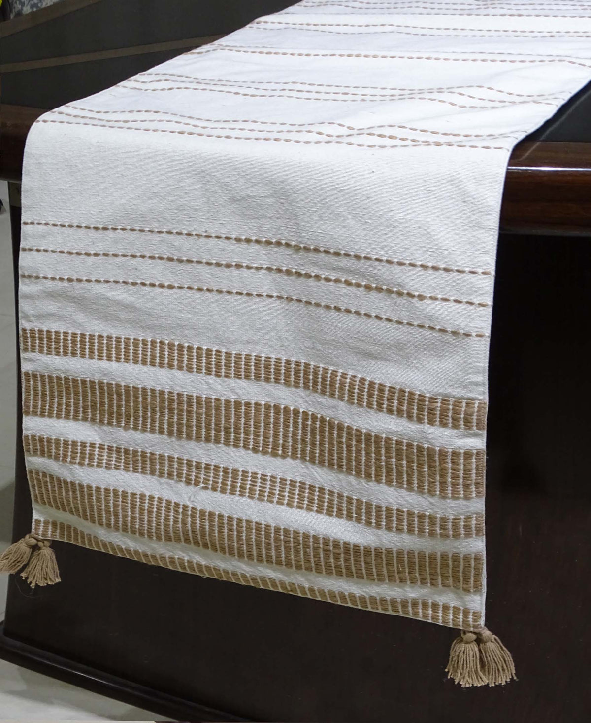 Woven Cotton Table Runner - Off-White & Beige, 16 × 90 in