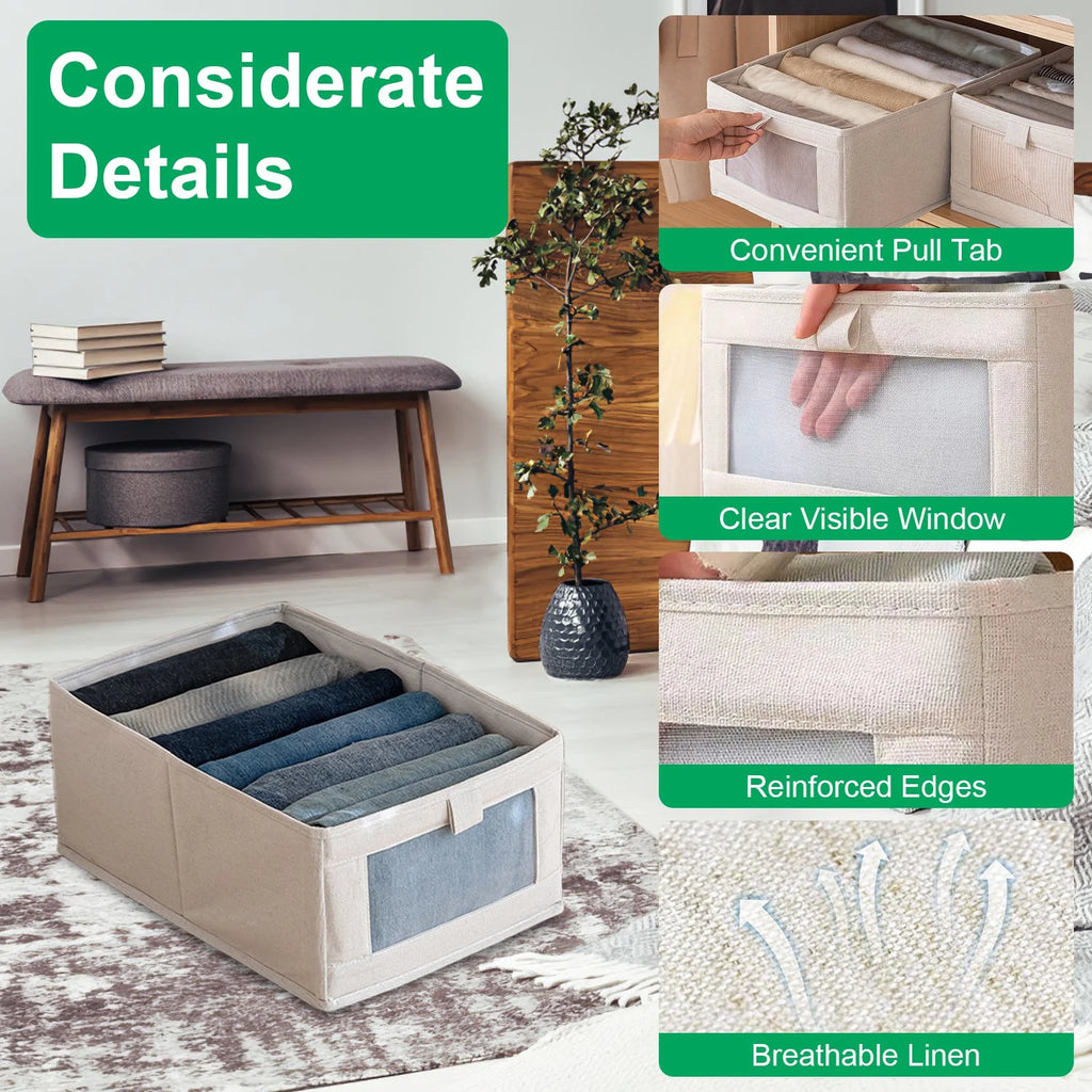 4Pcs Foldable Linen Clothing Storage Bin with Visible Clear Window Convenient Handle Multipurpose Collapsible Storage Basket Closet Fabric Container for Shelves Bedroom