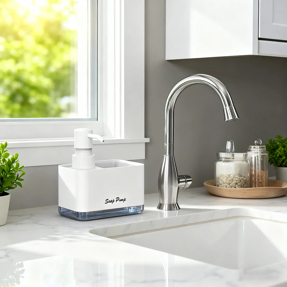 Kitchen Dish Soap Dispenser with Sponge Holder, Kitchen Liquid Soap Dispenser with Sponge Storage
