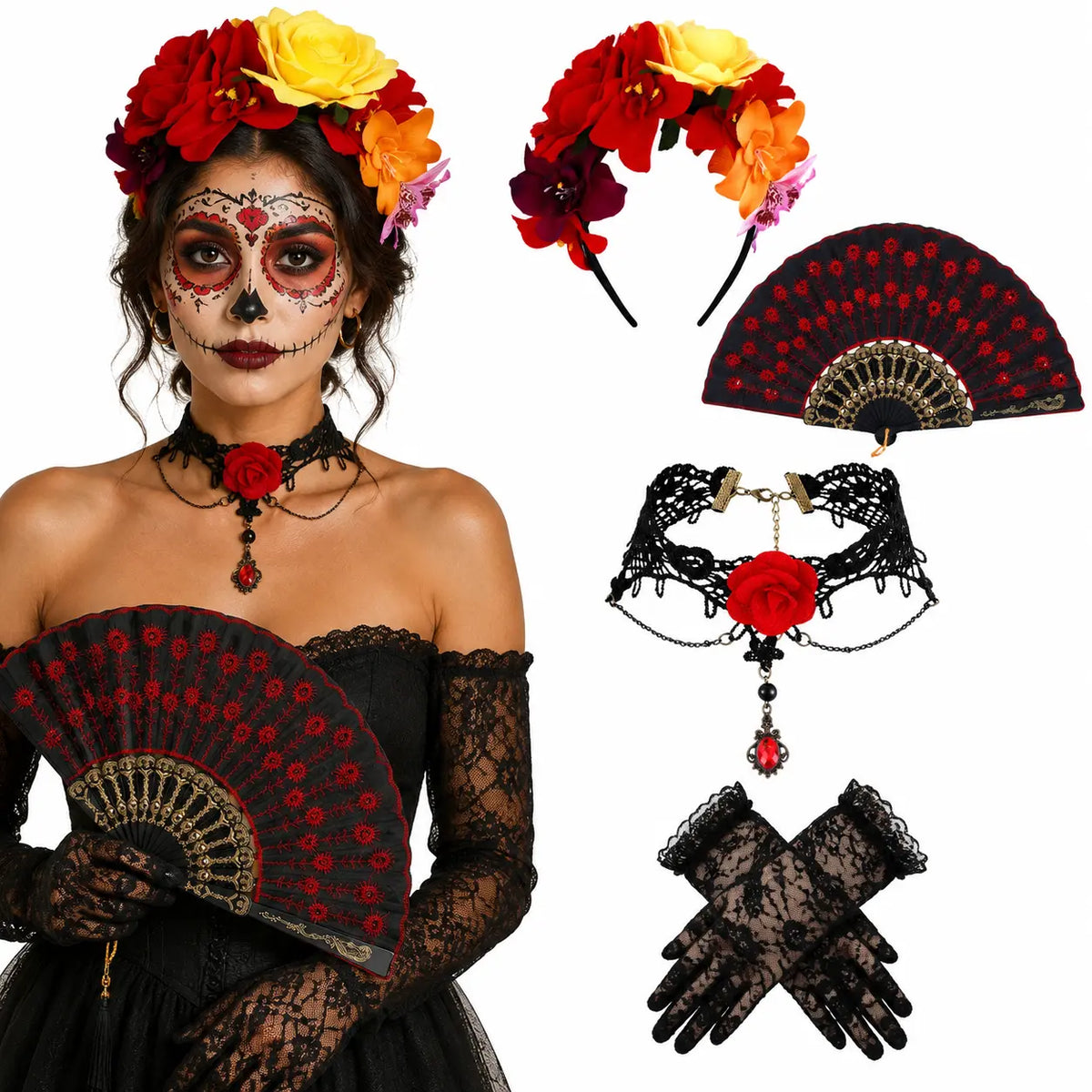 Catrina Dia De Muertos Costume Accessories Day of the Dead Costume for Women Mexican Tradition Halloween Costume Ideas for Dia De Los Muertos Celebrations Cosplay Halloween Party