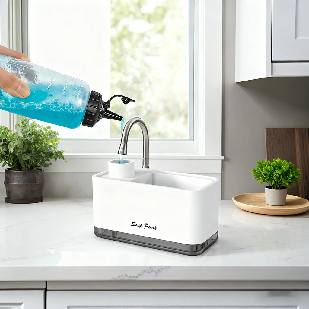 Kitchen Dish Soap Dispenser with Sponge Holder, Kitchen Liquid Soap Dispenser with Sponge Storage