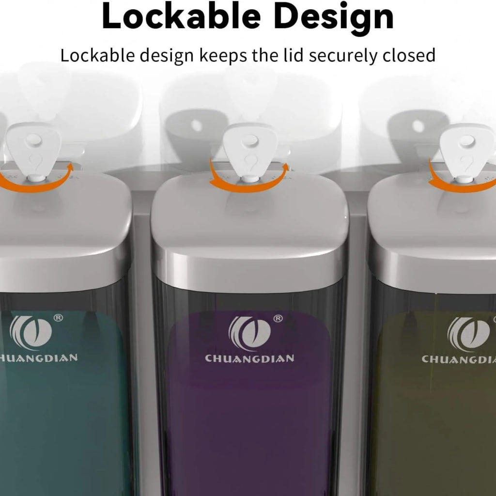 3 Chamber Wall Mount Shower Soap Dispenser, No-Drill Shampoo & Conditioner Dispenser with Lockable Lid