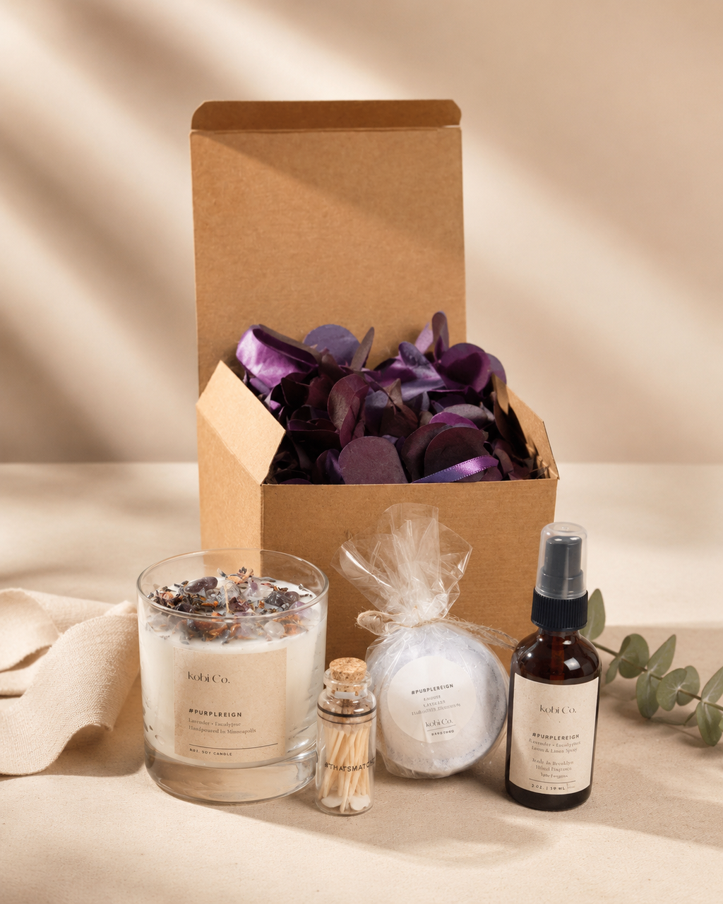 Self-Care Gift Box for Women: Lavender Soy Candle, Bath Bomb & 3-in-1 Spray by Kobi Co.