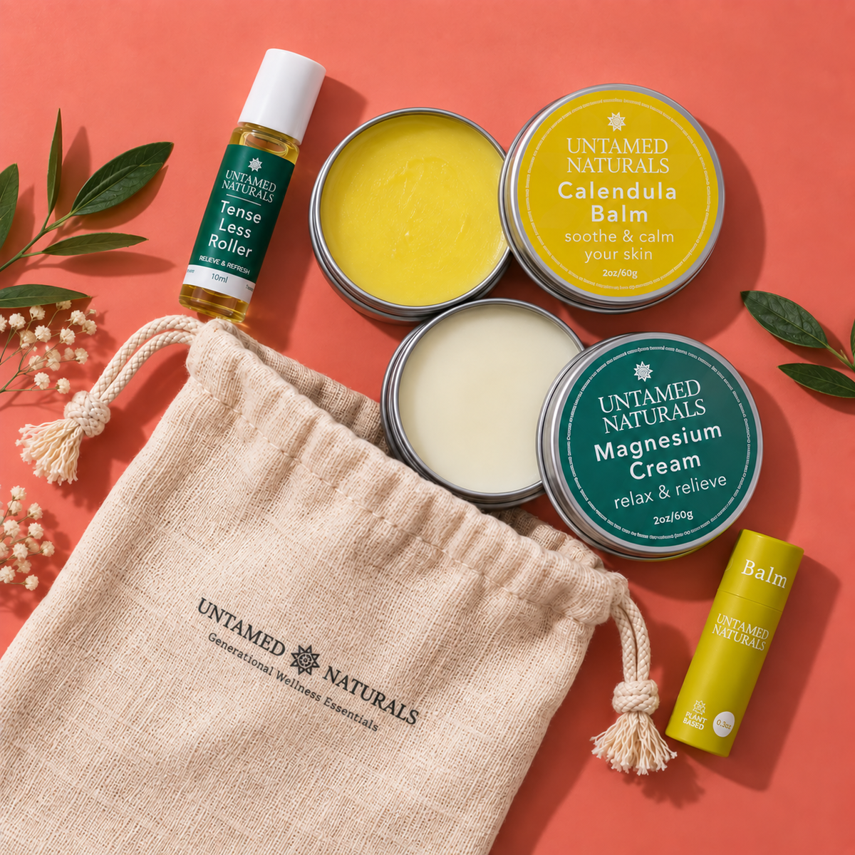 Self-Care Gift Set for Women: Magnesium Cream, Calendula Balm, Lip Balm & Aromatherapy Roller by UnTamed Naturals