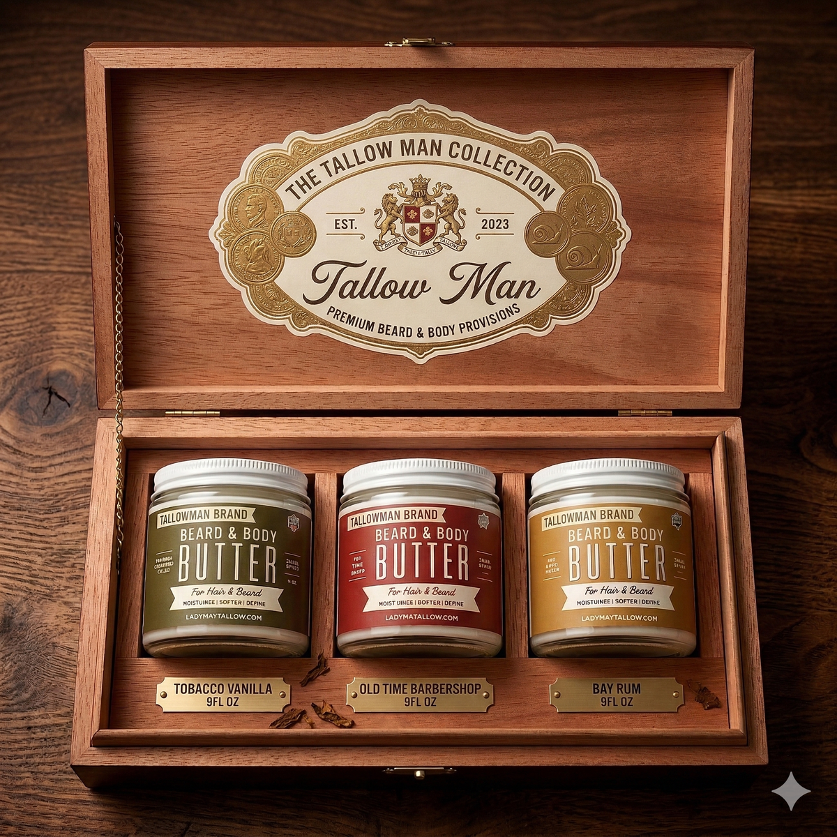 Men's Beard & Body Butter Gift Set, 3 Scents, Bay Rum & Tobacco Vanilla (Tallow Man)