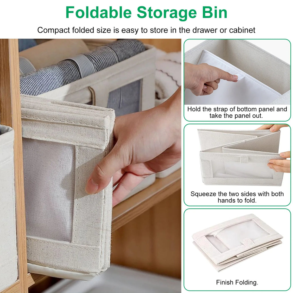 4Pcs Foldable Linen Clothing Storage Bin with Visible Clear Window Convenient Handle Multipurpose Collapsible Storage Basket Closet Fabric Container for Shelves Bedroom