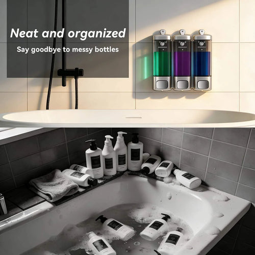 3 Chamber Wall Mount Shower Soap Dispenser, No-Drill Shampoo & Conditioner Dispenser with Lockable Lid
