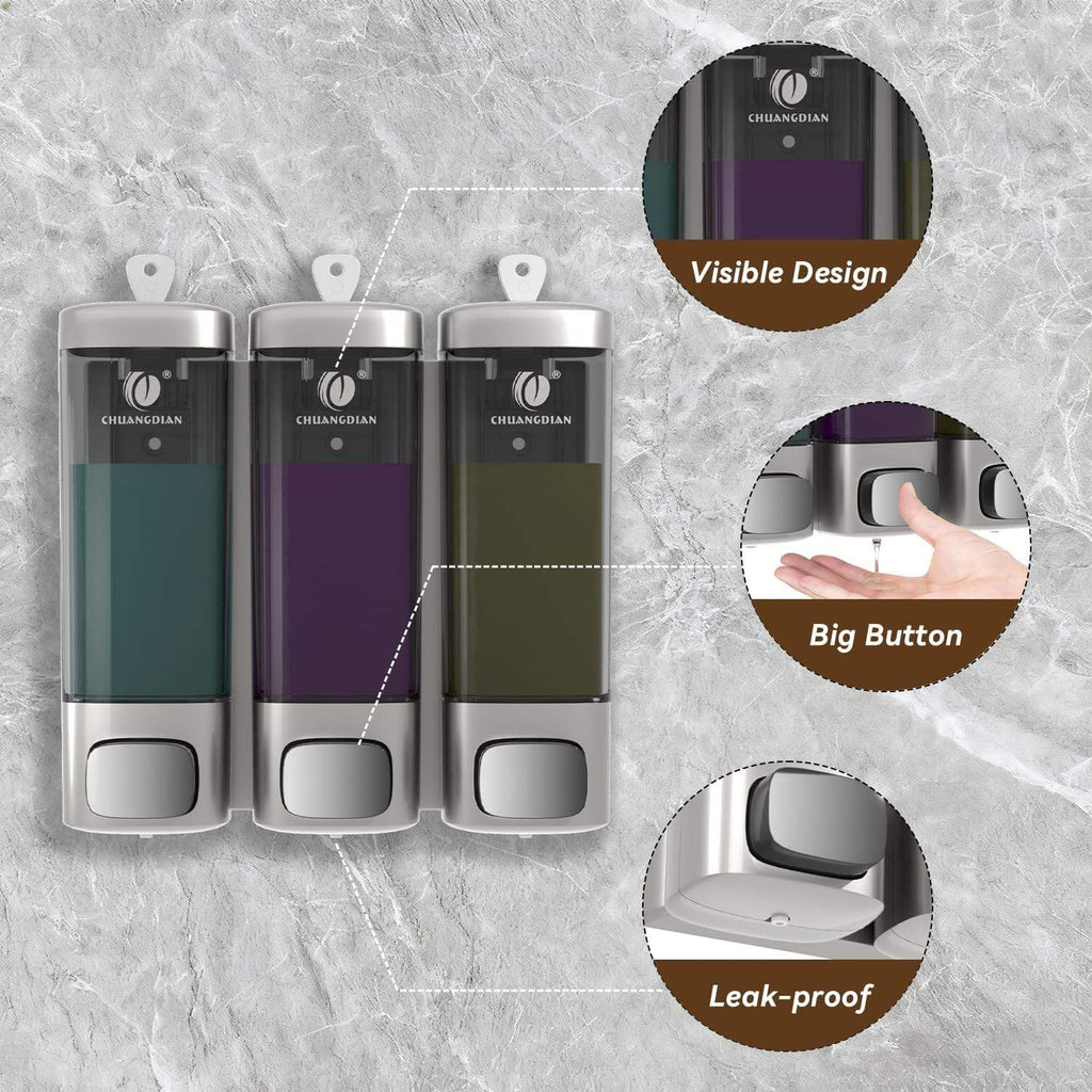 3 Chamber Wall Mount Shower Soap Dispenser, No-Drill Shampoo & Conditioner Dispenser with Lockable Lid