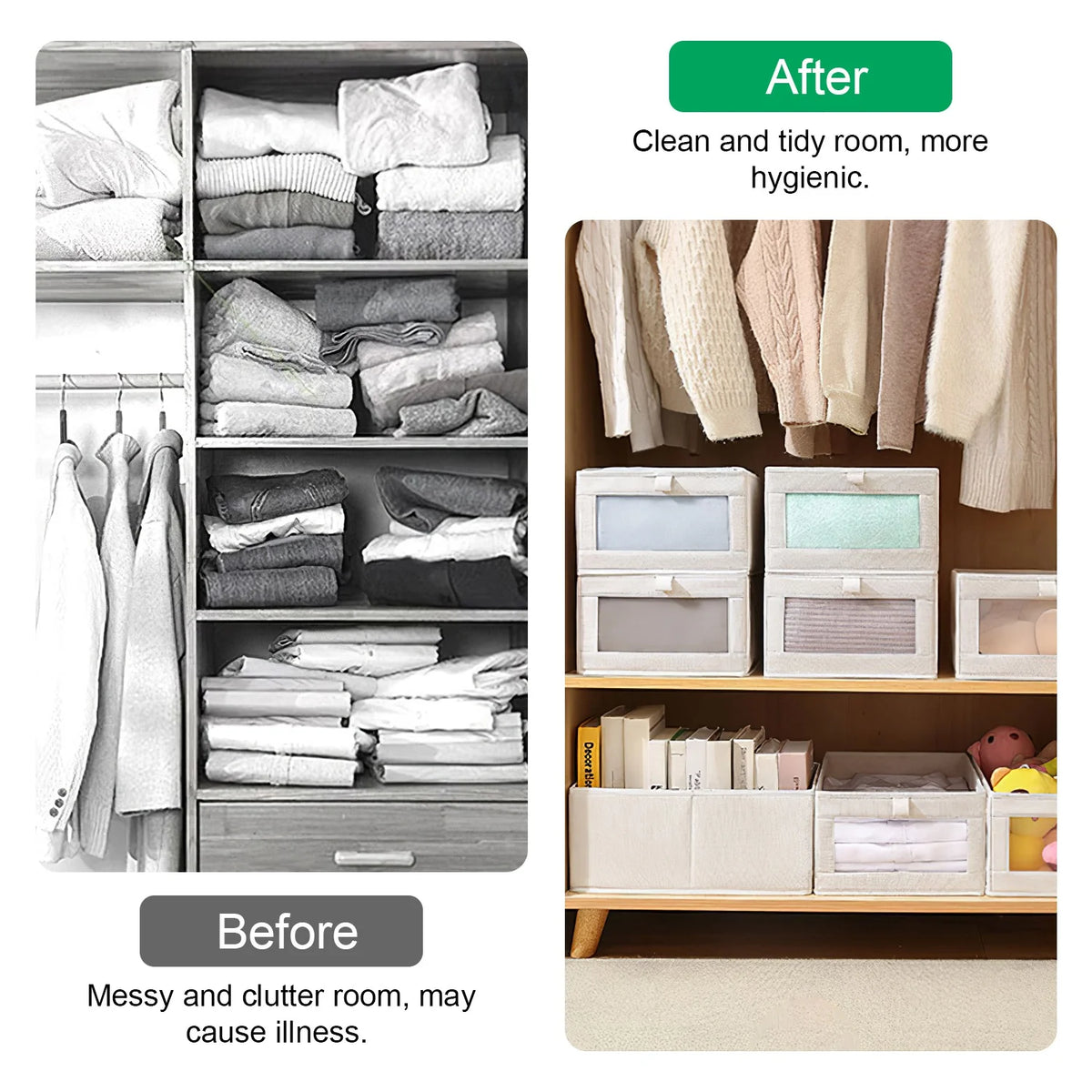 4Pcs Foldable Linen Clothing Storage Bin with Visible Clear Window Convenient Handle Multipurpose Collapsible Storage Basket Closet Fabric Container for Shelves Bedroom