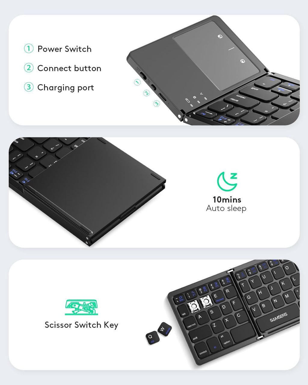 Foldable Bluetooth Keyboard with Touchpad, Ultra Slim Compact,Black