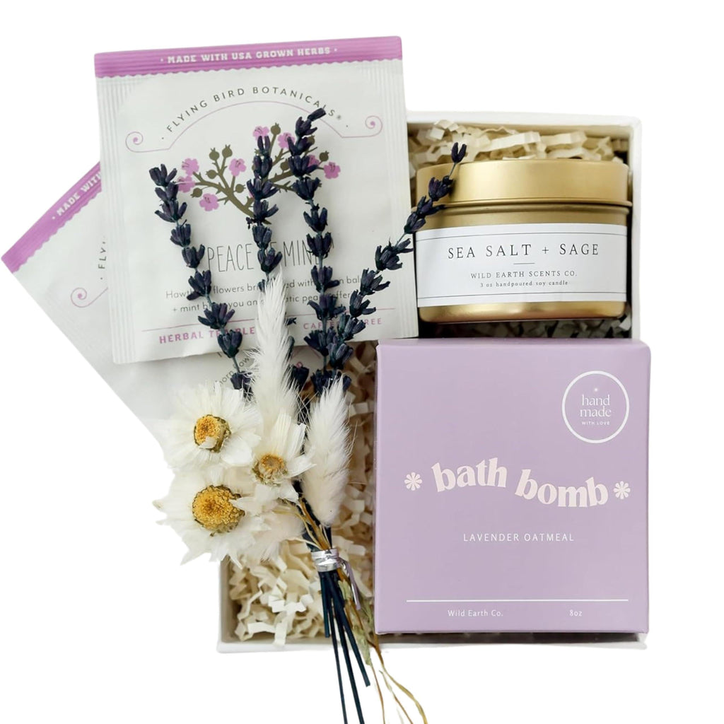 Lavender Spa Gift Box: Candle, Bath Bomb, Herbal Tea & Dried Florals by Zamzamas