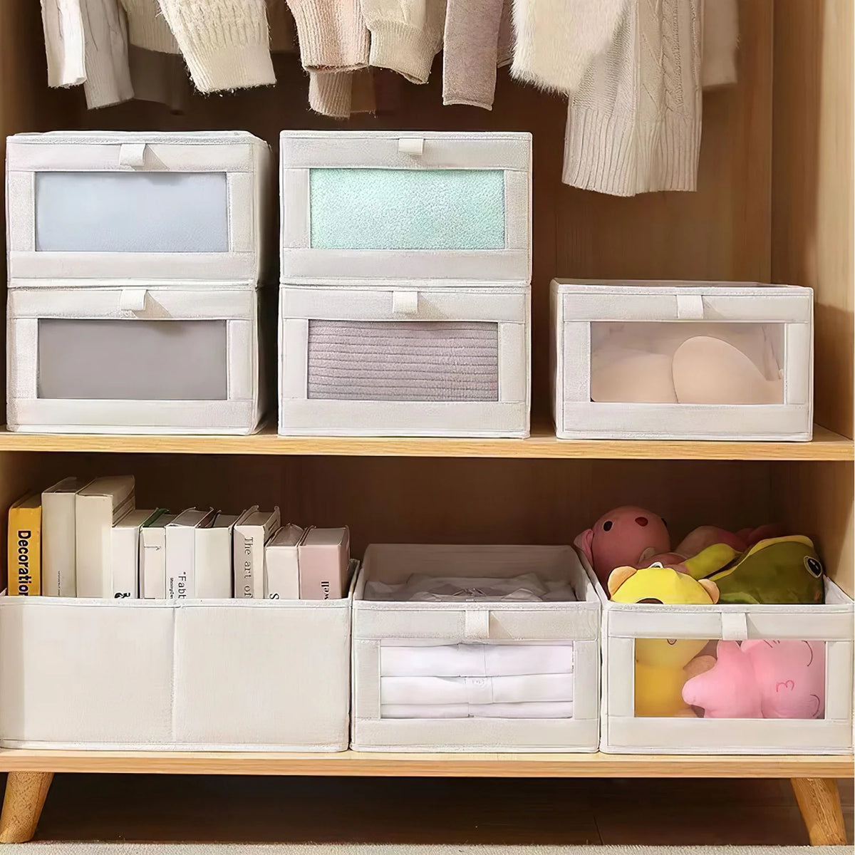 4Pcs Foldable Linen Clothing Storage Bin with Visible Clear Window Convenient Handle Multipurpose Collapsible Storage Basket Closet Fabric Container for Shelves Bedroom