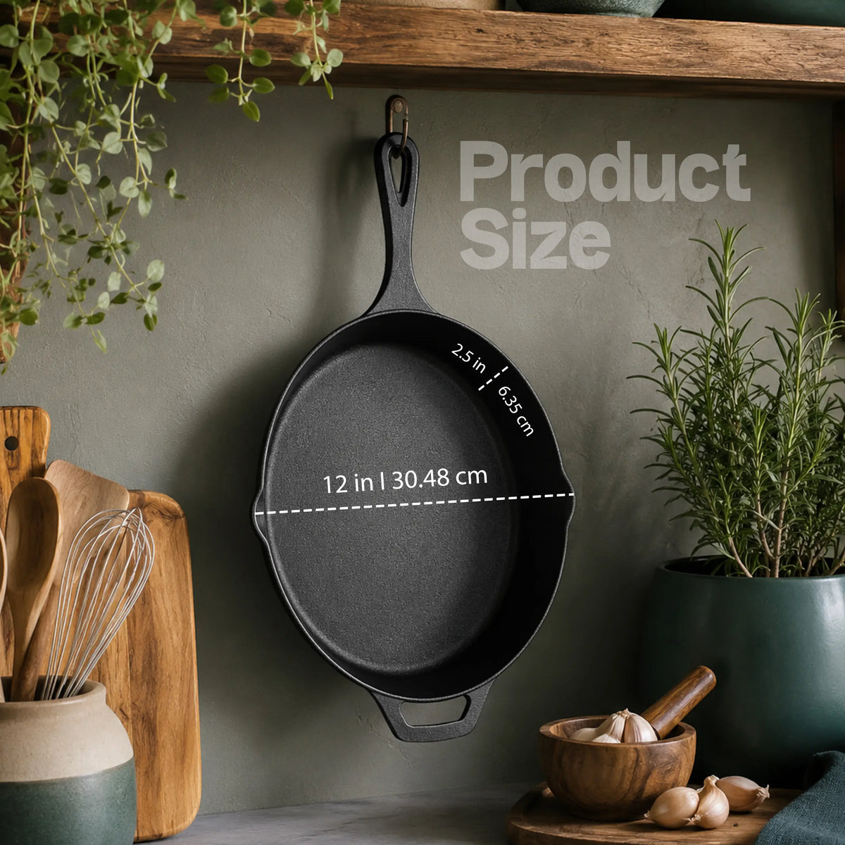 12-In Pre-Seasoned Cast Iron Frying Pan - Heavy-Duty Cookware, Multipurpose Indoor Kitchen Skillet Works Best with Oil