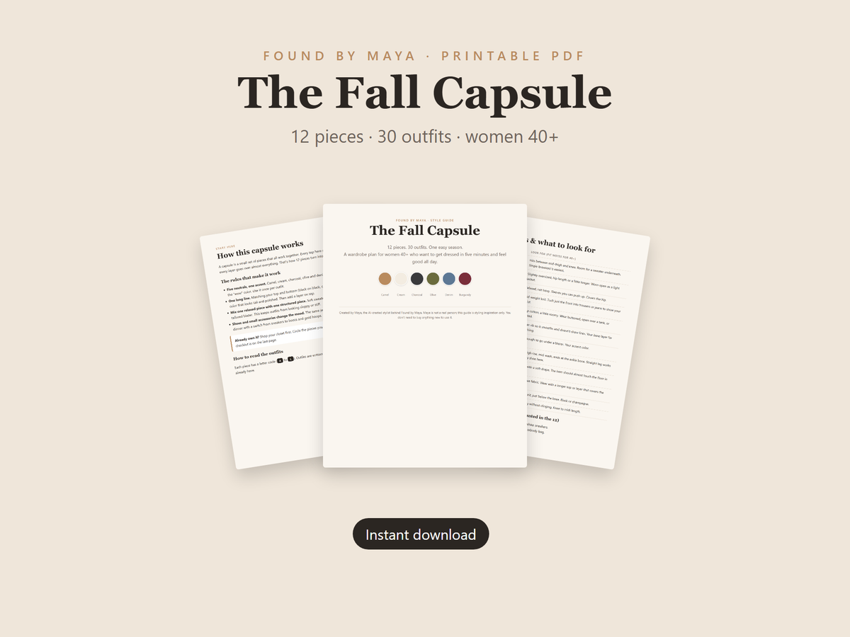 The Fall Capsule printable PDF style guide, 12 pieces and 30 outfits for women 40+, shown as printed pages