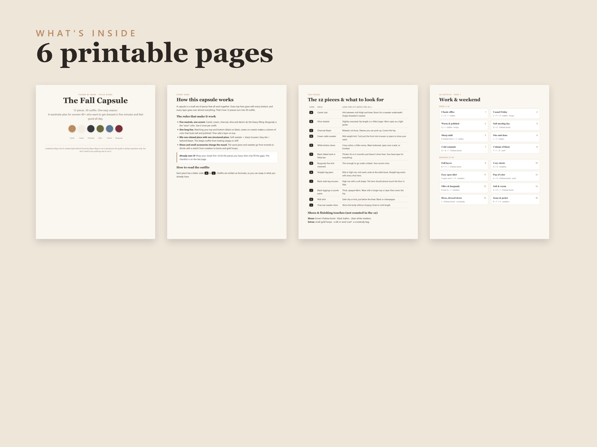 What's inside The Fall Capsule: preview of the 6 printable pages of the PDF style guide