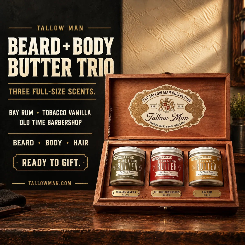 Men's Beard & Body Butter Gift Set | 3 Scents, Bay Rum & Tobacco Vanilla (Tallow Man)
