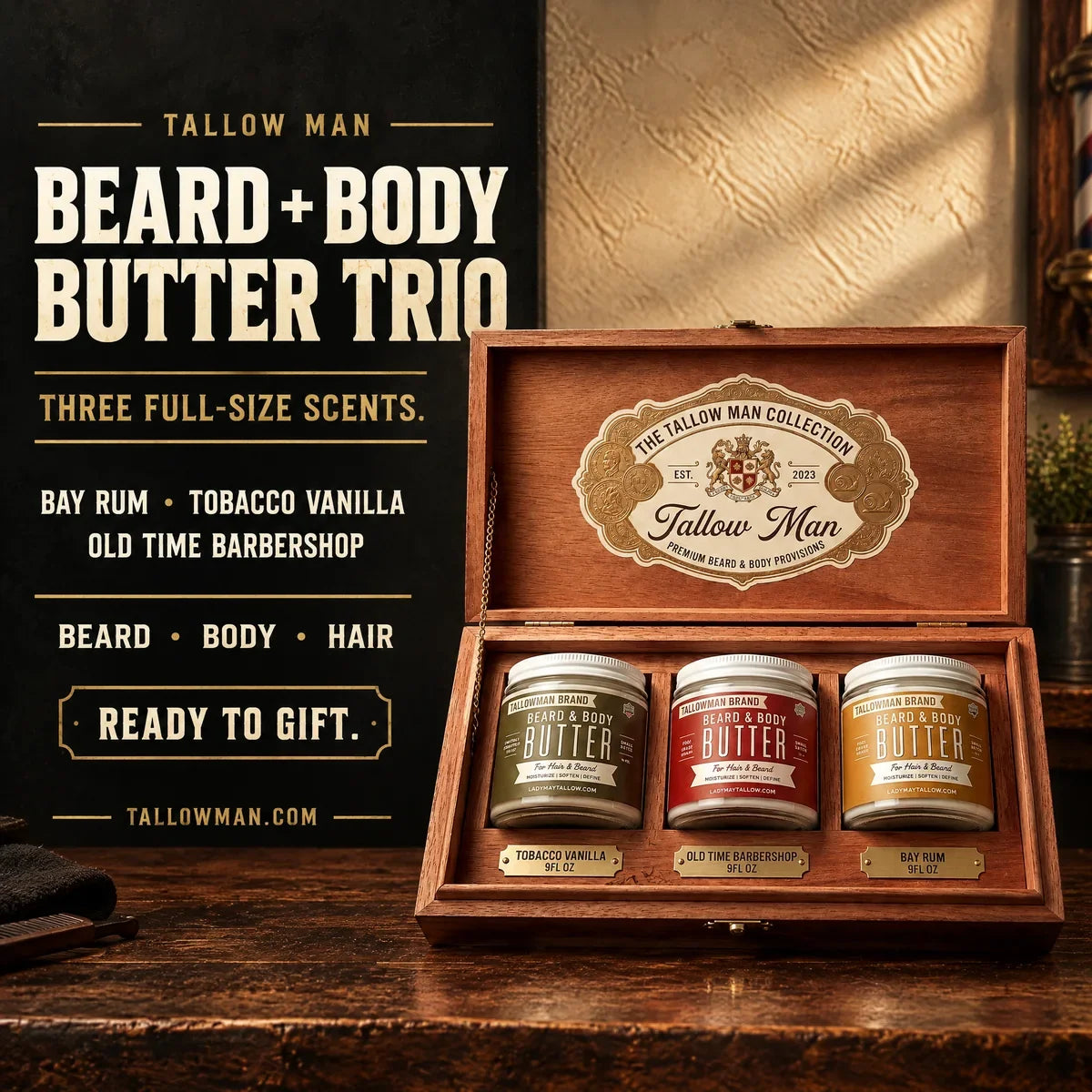 Men's Beard & Body Butter Gift Set | 3 Scents, Bay Rum & Tobacco Vanilla (Tallow Man)