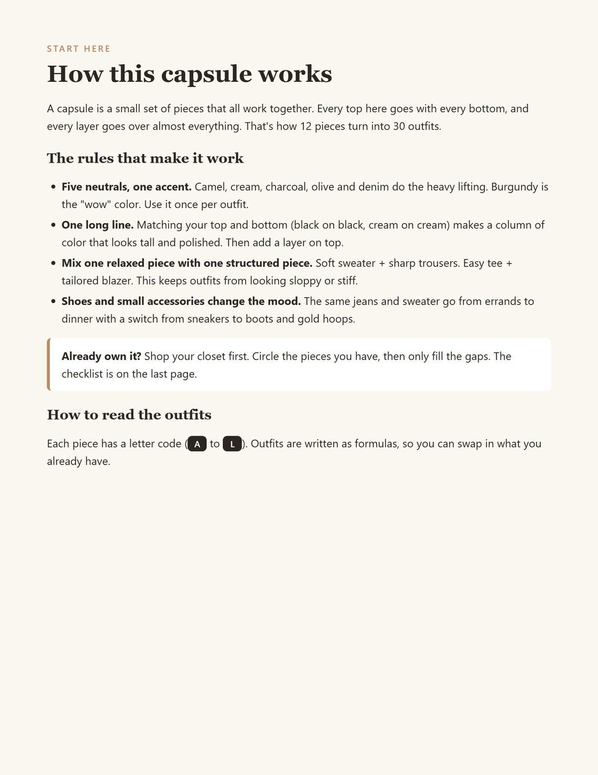 Fall Capsule guide preview page: How this capsule works, the rules that turn 12 pieces into 30 outfits