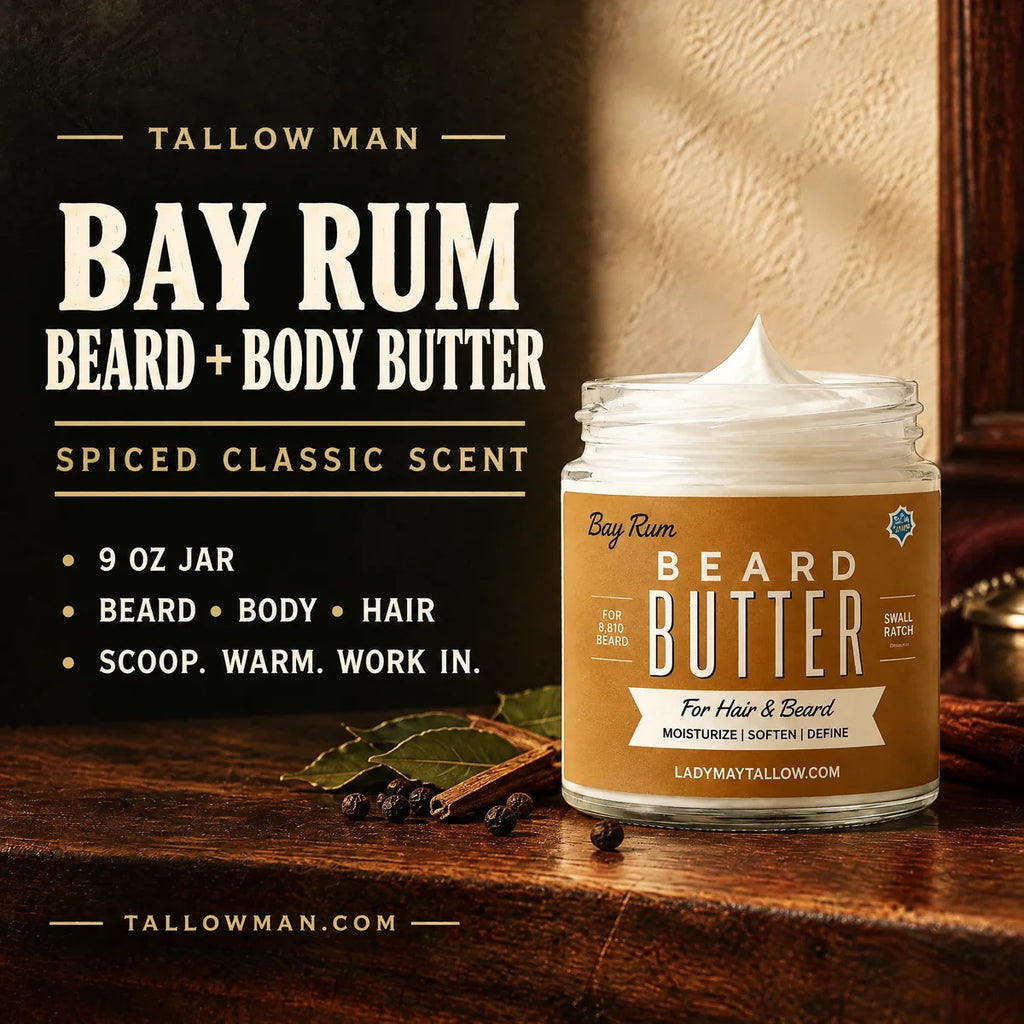 Men's Beard & Body Butter Gift Set | 3 Scents, Bay Rum & Tobacco Vanilla (Tallow Man)